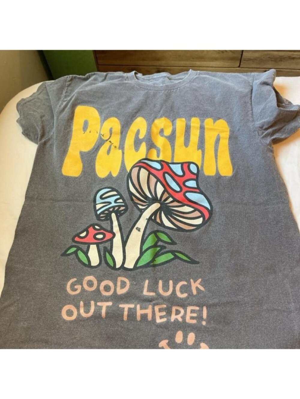 Gray PacSun tee with mushroom graphic and 'GOOD LUCK OUT THERE!